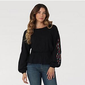Wrangler Retro Women’s Black Embroidered Long Sleeve Top Size Small New